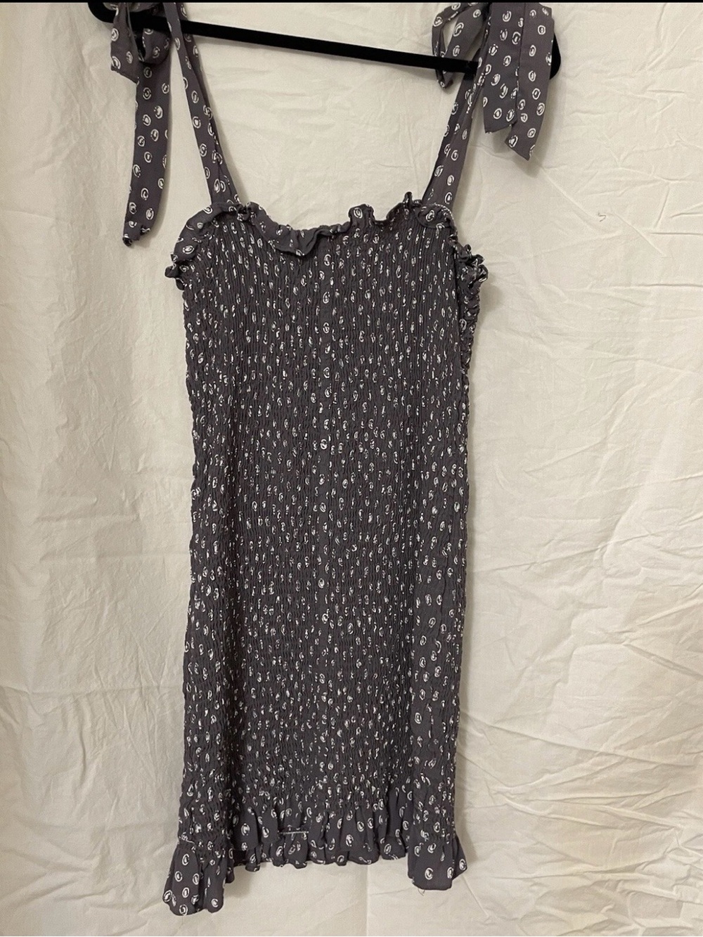 Free People Charcoal Smocked Tie-Shoulder Midi Dress with White Print